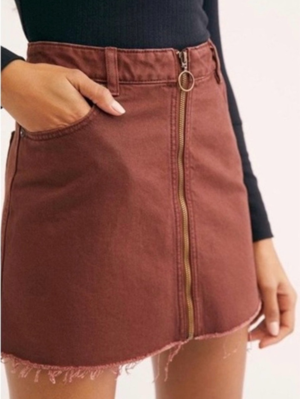 We The Free by FP Rust Front-Zip Frayed Hem Mini Skirt